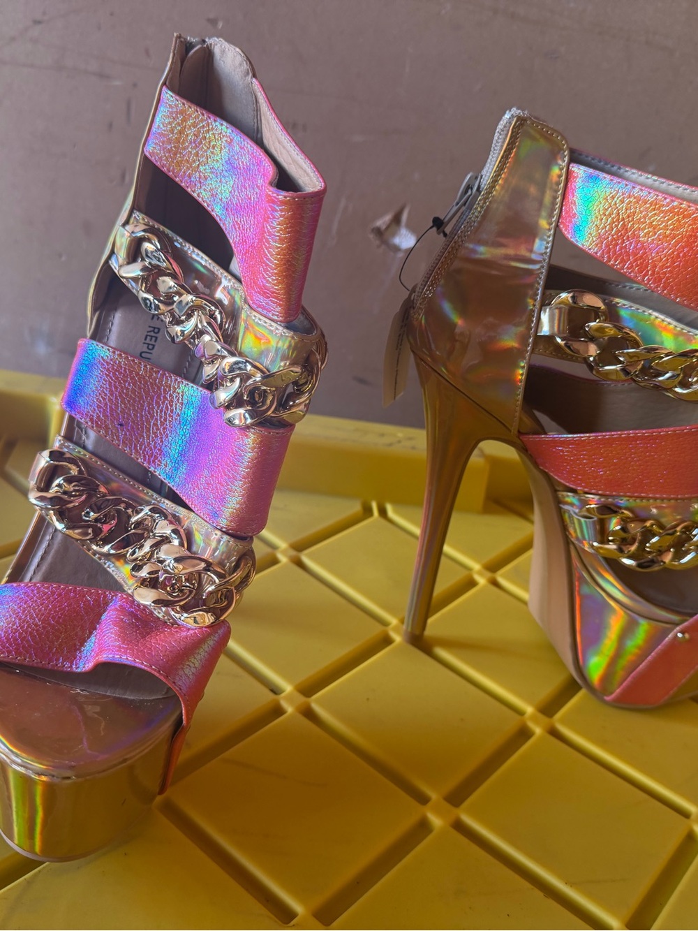 Shoe Republic LA Iridescent Pink Platform Heels with Gold Chain